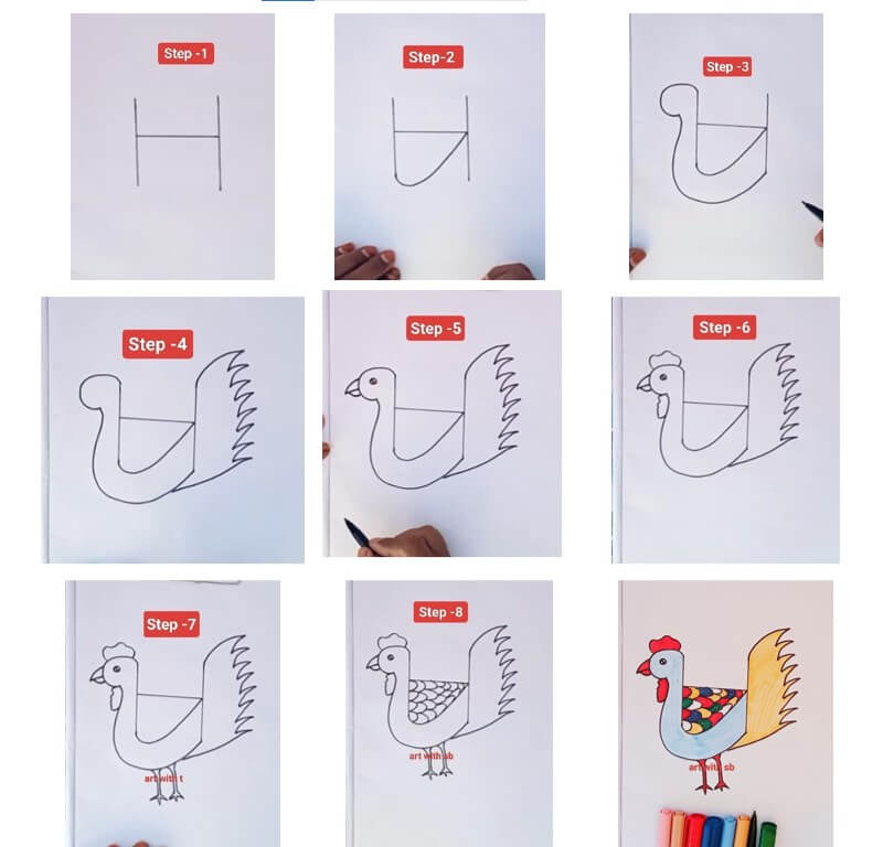 Dessine un poulet à partir de la lettre H dessin