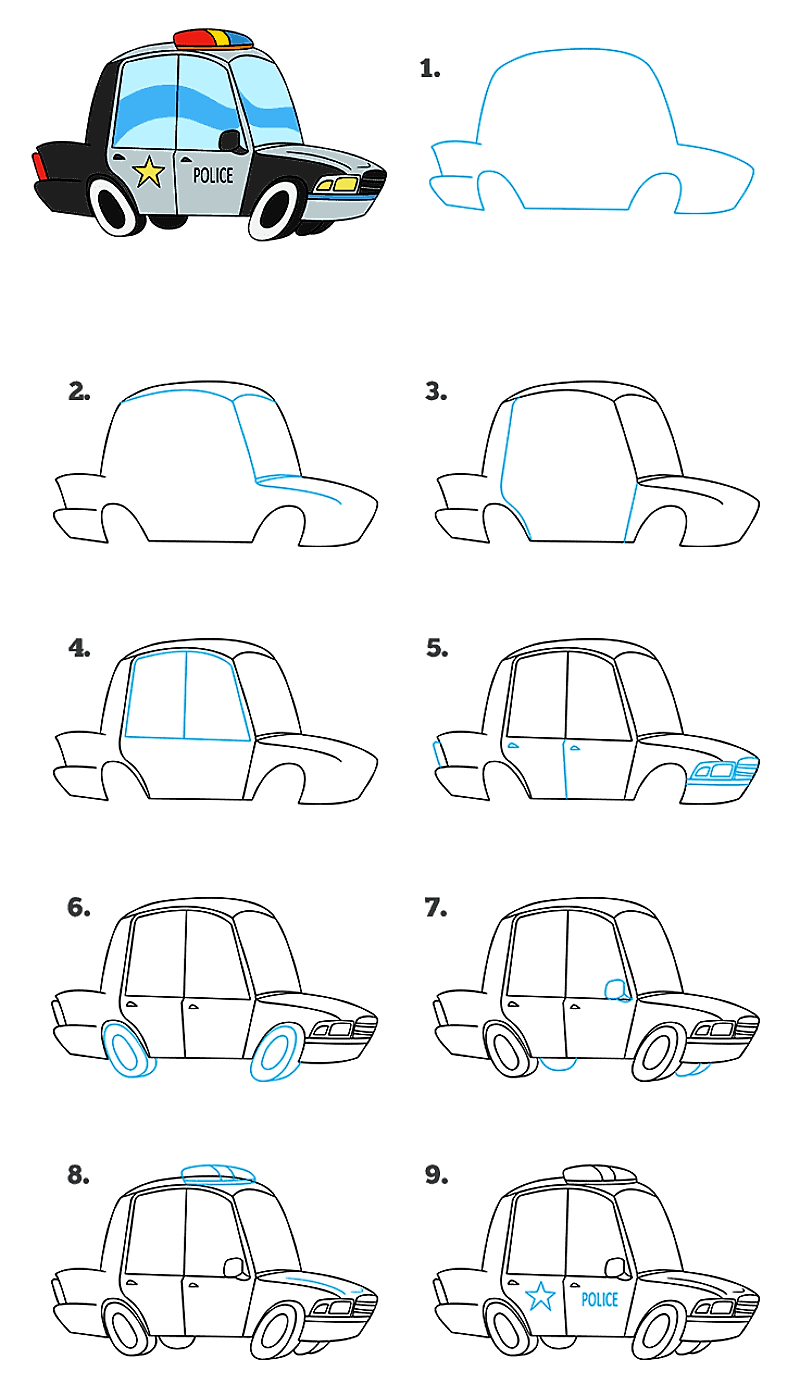 Instructions détaillées pour la voiture de police dessin