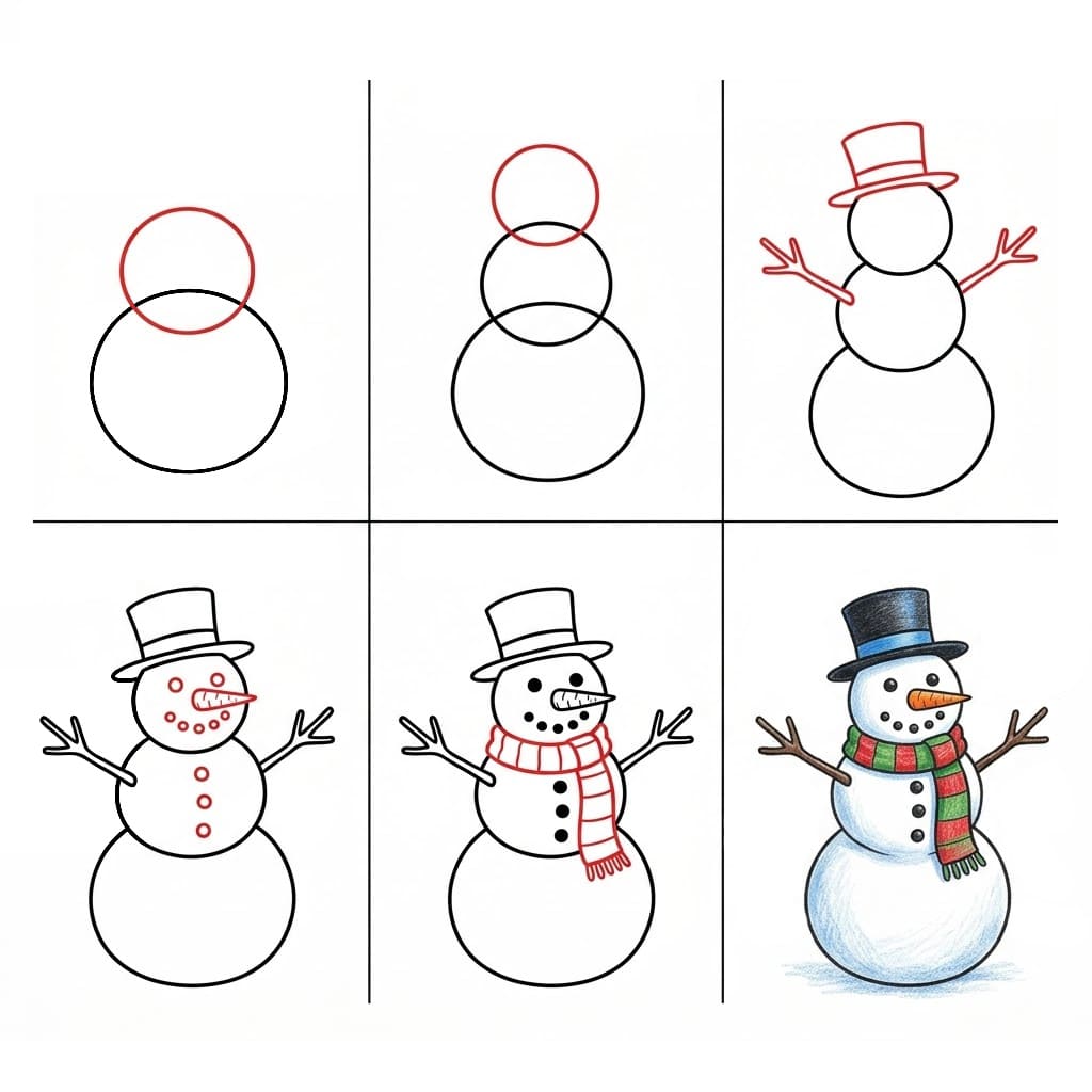 Bonhomme de neige à écharpe rouge dessin