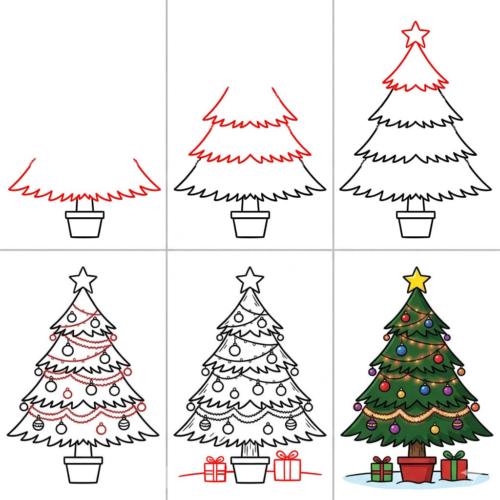 Sapin de Noël avec boîtes cadeaux dessin
