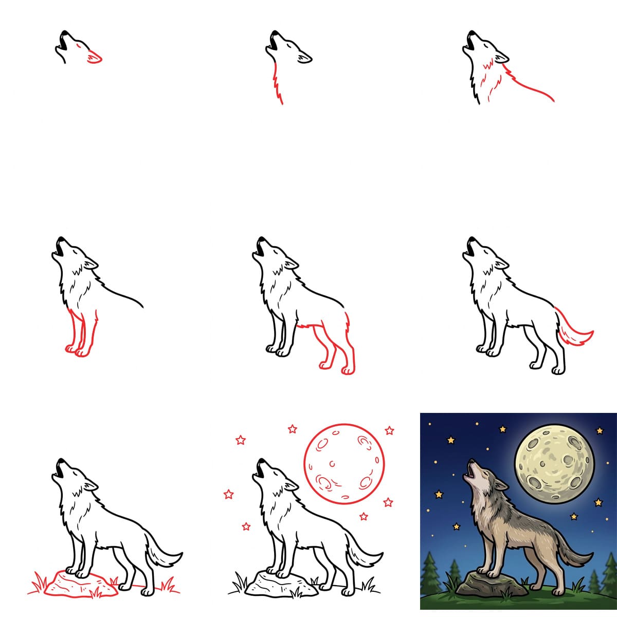Loup et lune dessin