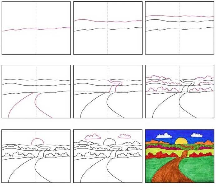 Coucher de soleil sur le pré (1) dessin