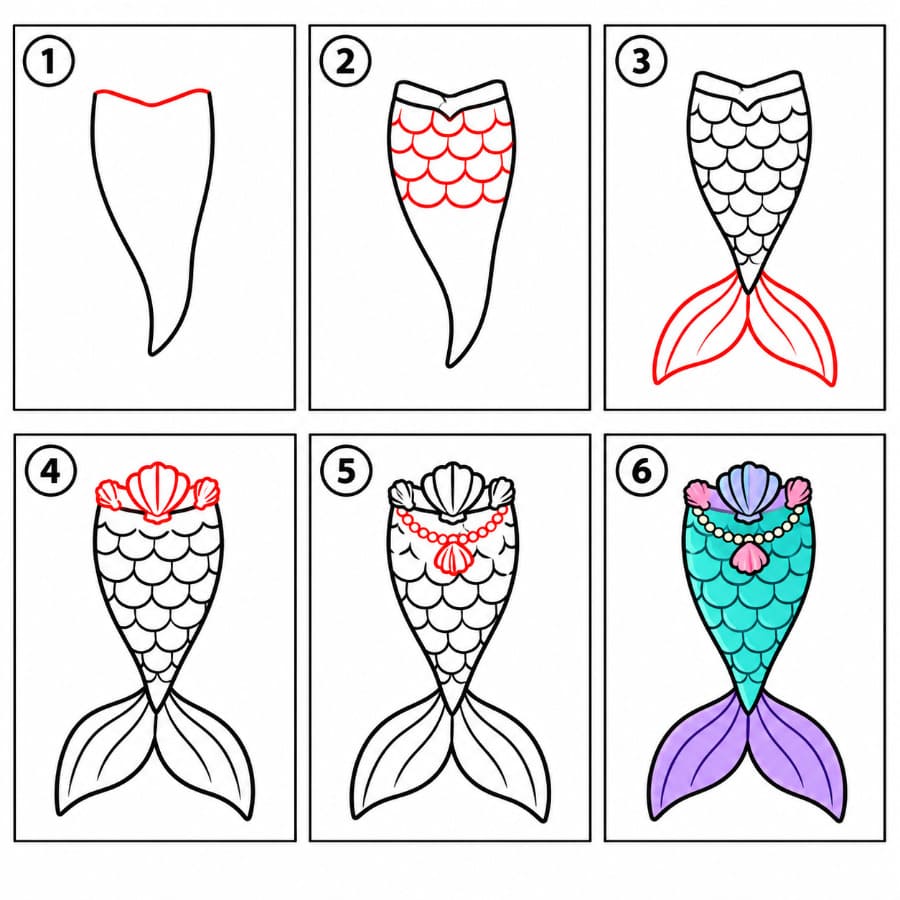 Queue de sirène avec des coquillages dessin