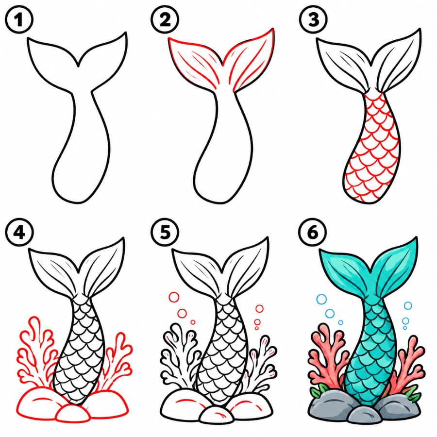 Queue de sirène avec du corail dessin
