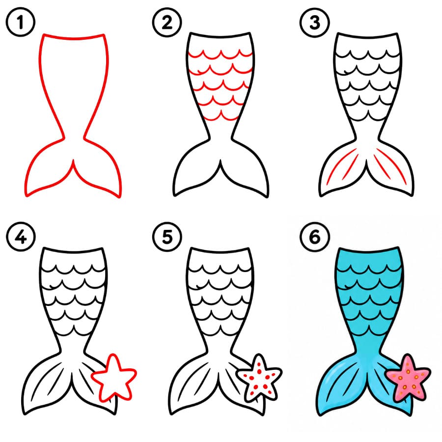 Queue de sirène avec une étoile de mer dessin
