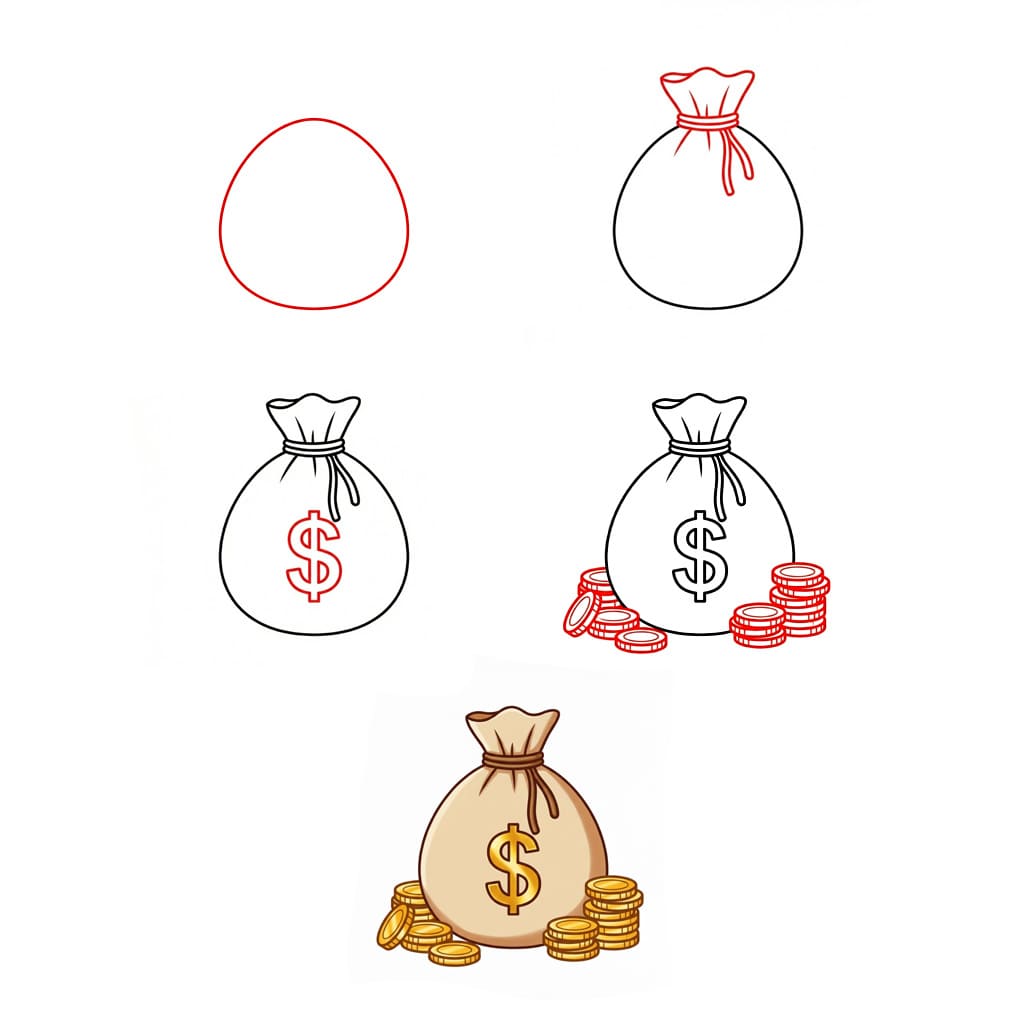 Sac d'argent et pièces dessin