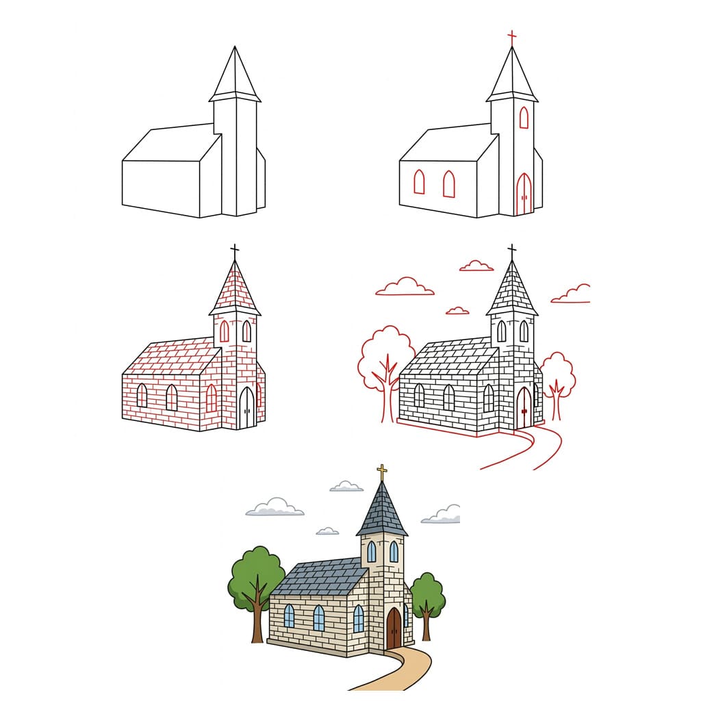Église avec jardin dessin