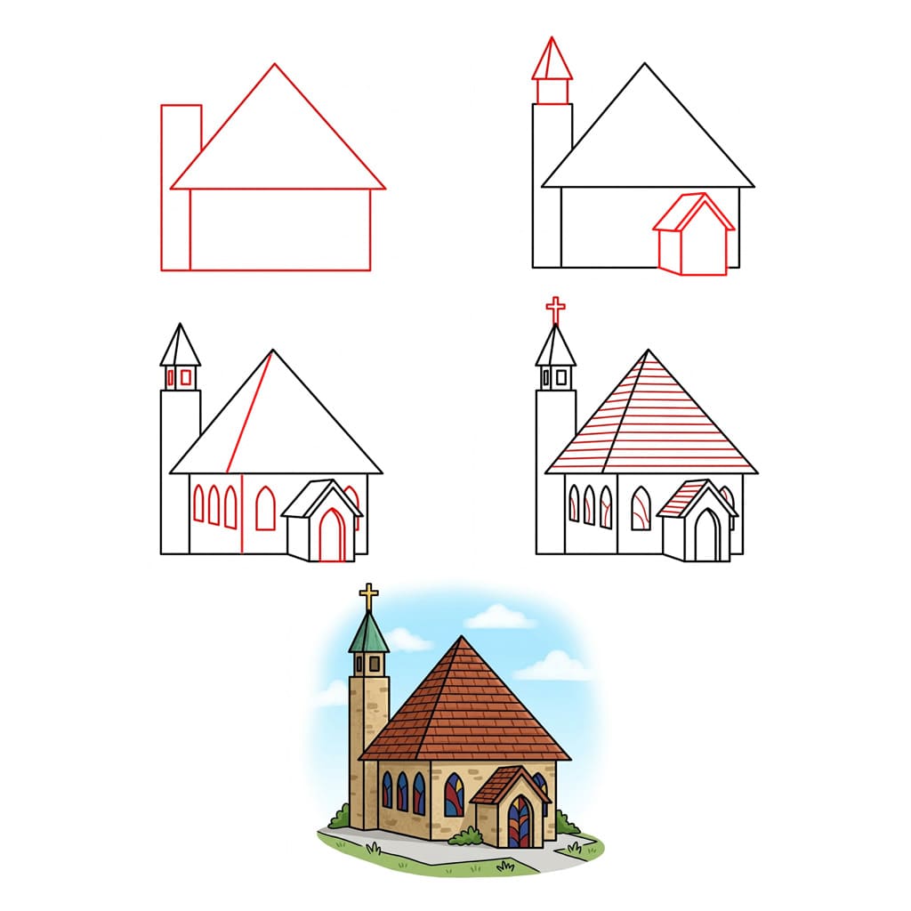 Église avec vitraux dessin