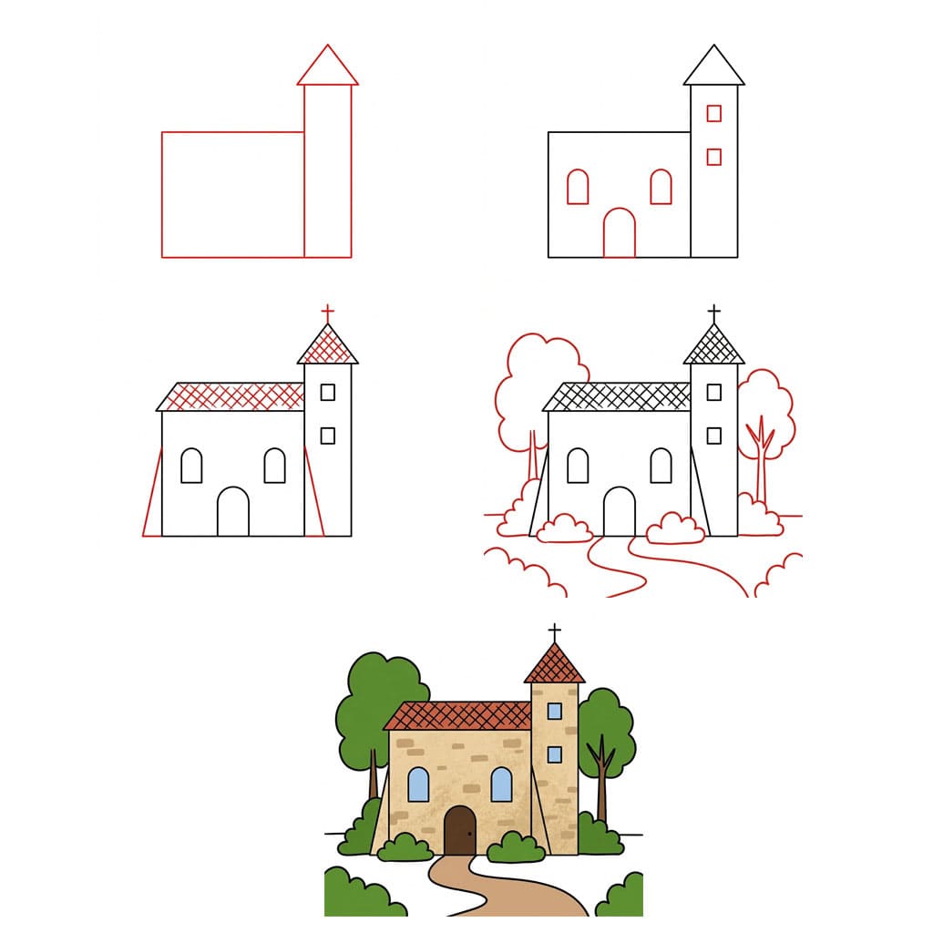 Église et arbres dessin
