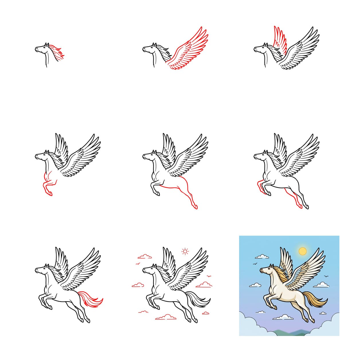 Pégase dans le ciel dessin