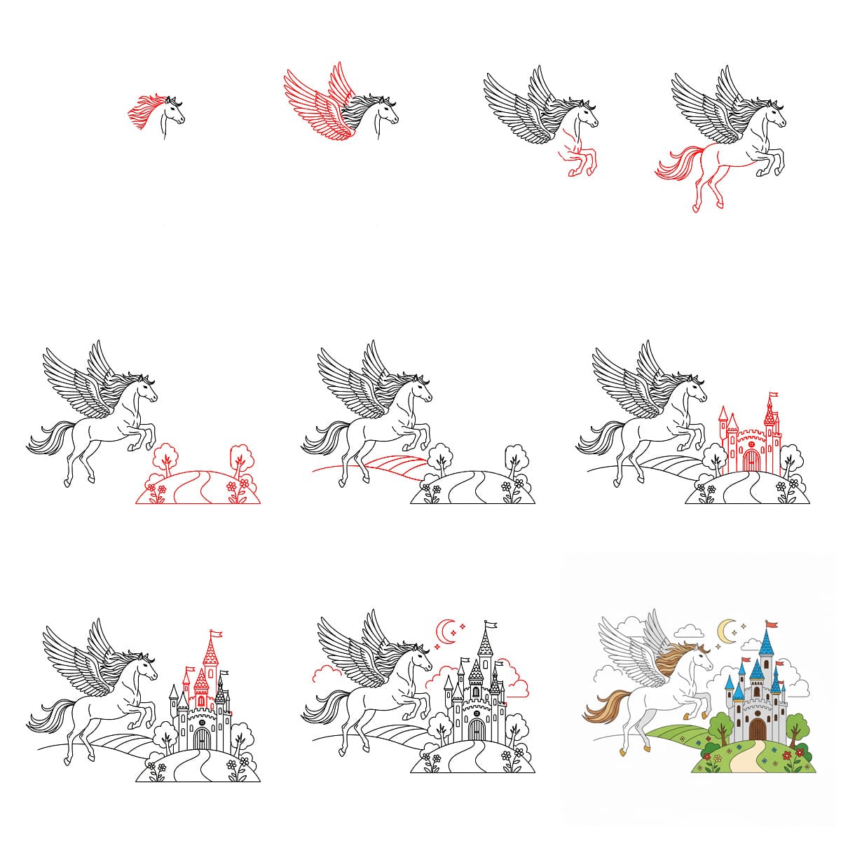 Pégase et château dessin