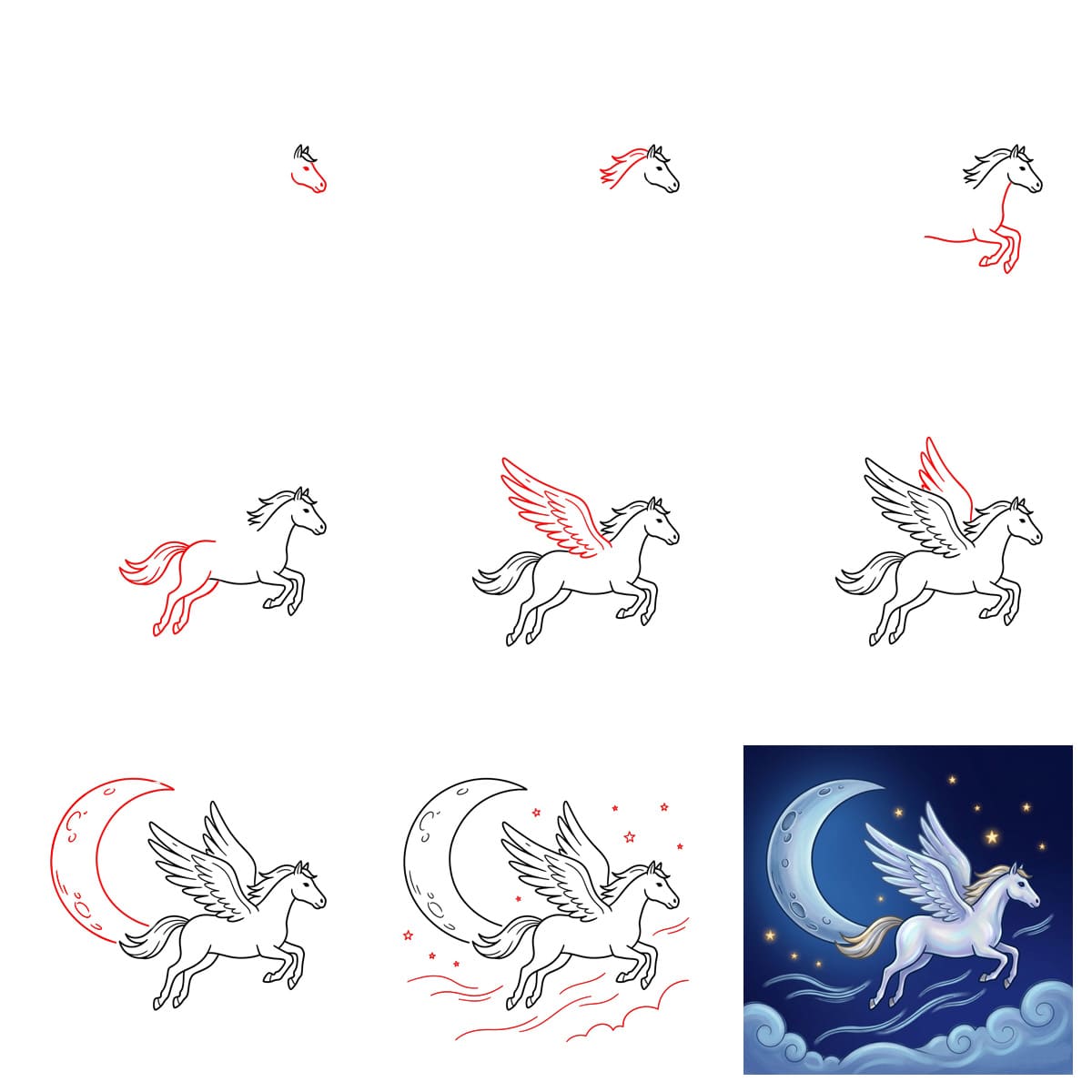 Pégase et lune dessin