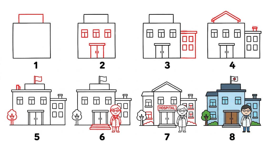 Hôpital avec médecin dessin