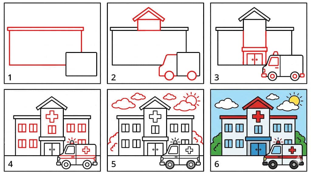 Image d'un hôpital avec ambulance dessin