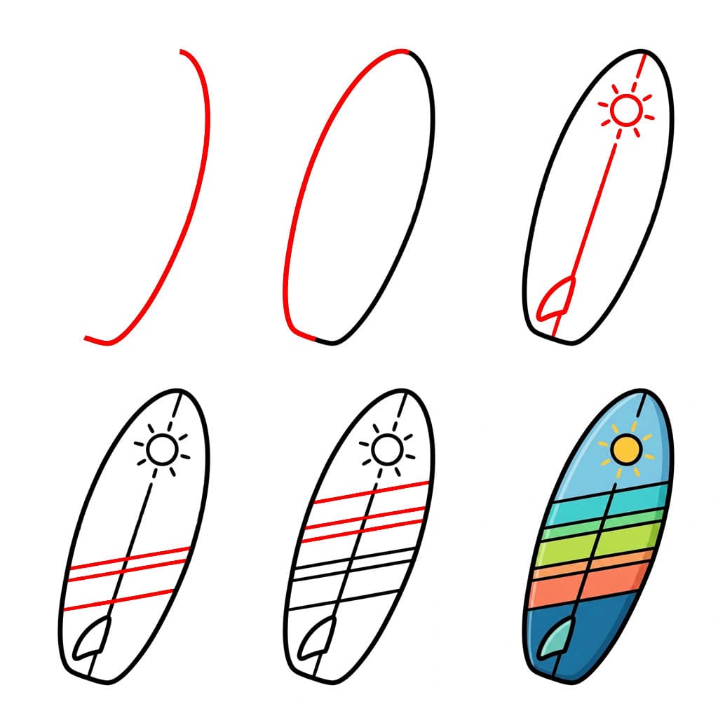 Planche de surf arc-en-ciel soleil dessin