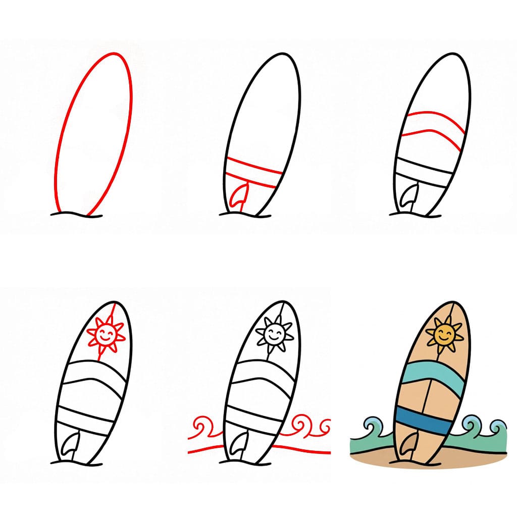 Planche de surf coucher de soleil palmier dessin