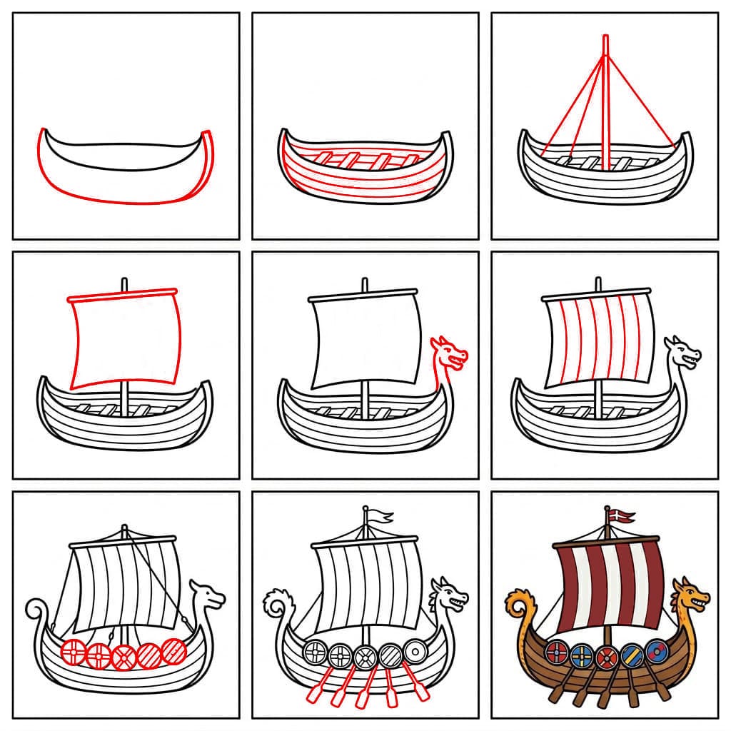Bateau viking avec dragon dessin