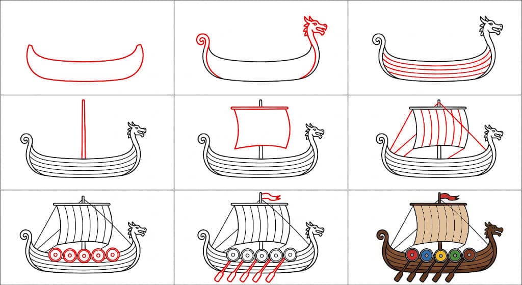 Bateau viking avec tête de dragon dessin
