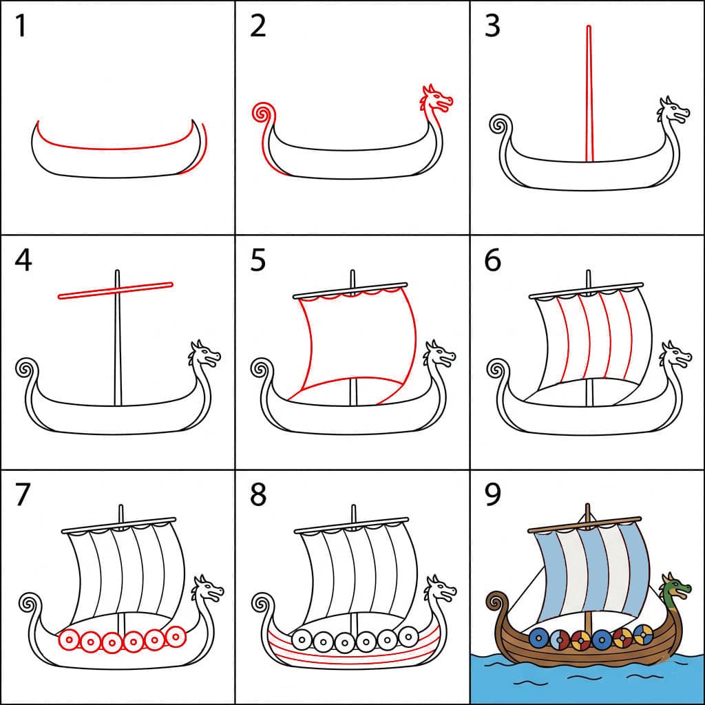 Bateau viking en mer dessin