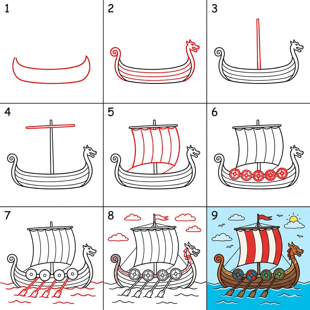 Bateau viking en navigation dessin