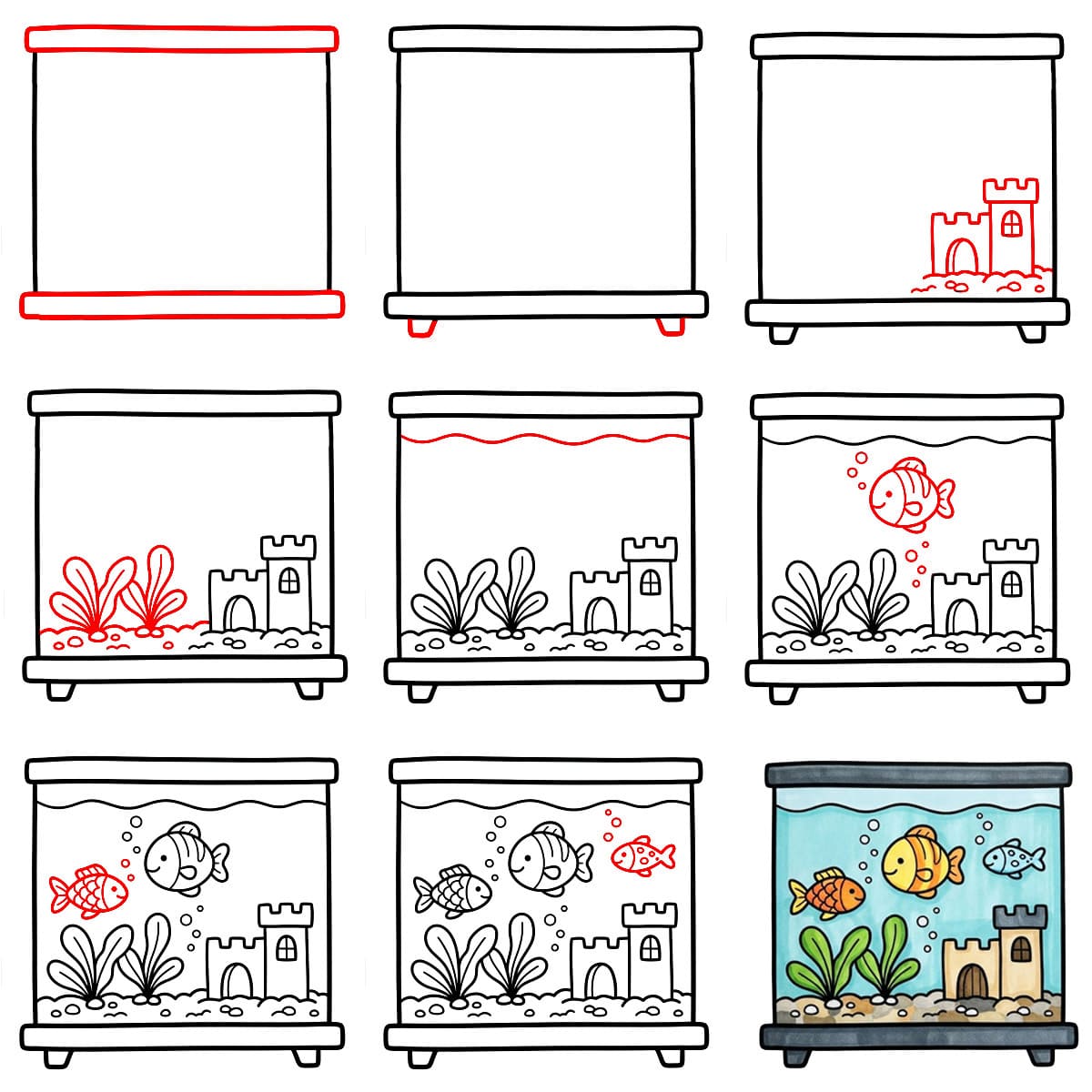 Aquarium avec château dessin