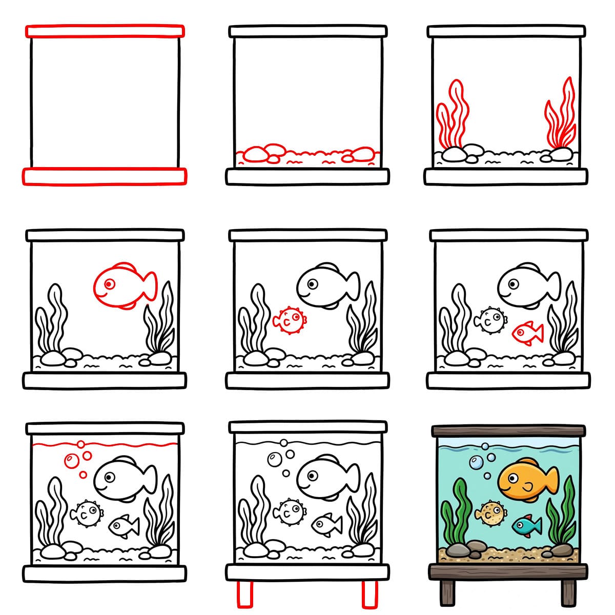 Trois poissons dans un aquarium dessin