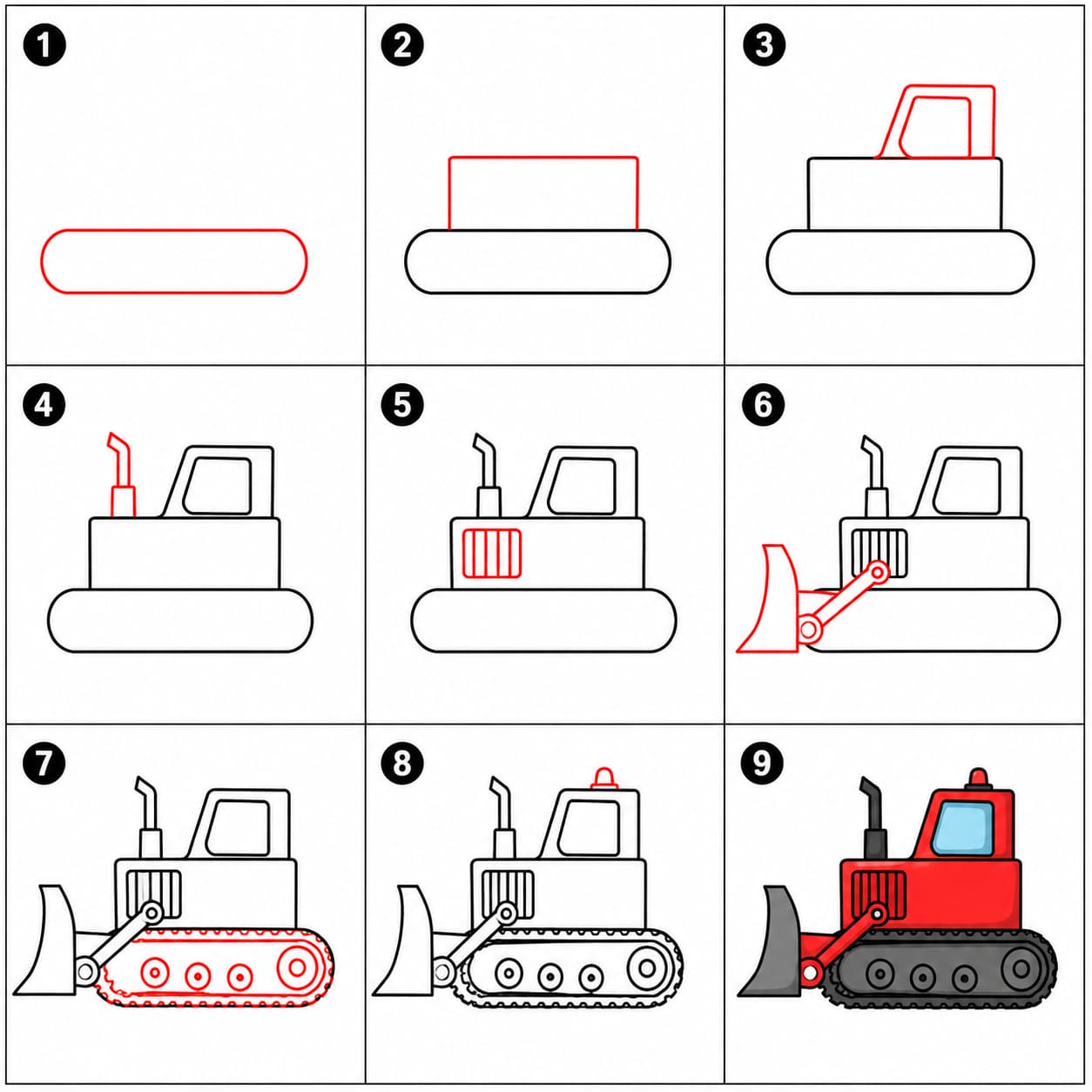 Vue latérale d'un bulldozer rouge dessin