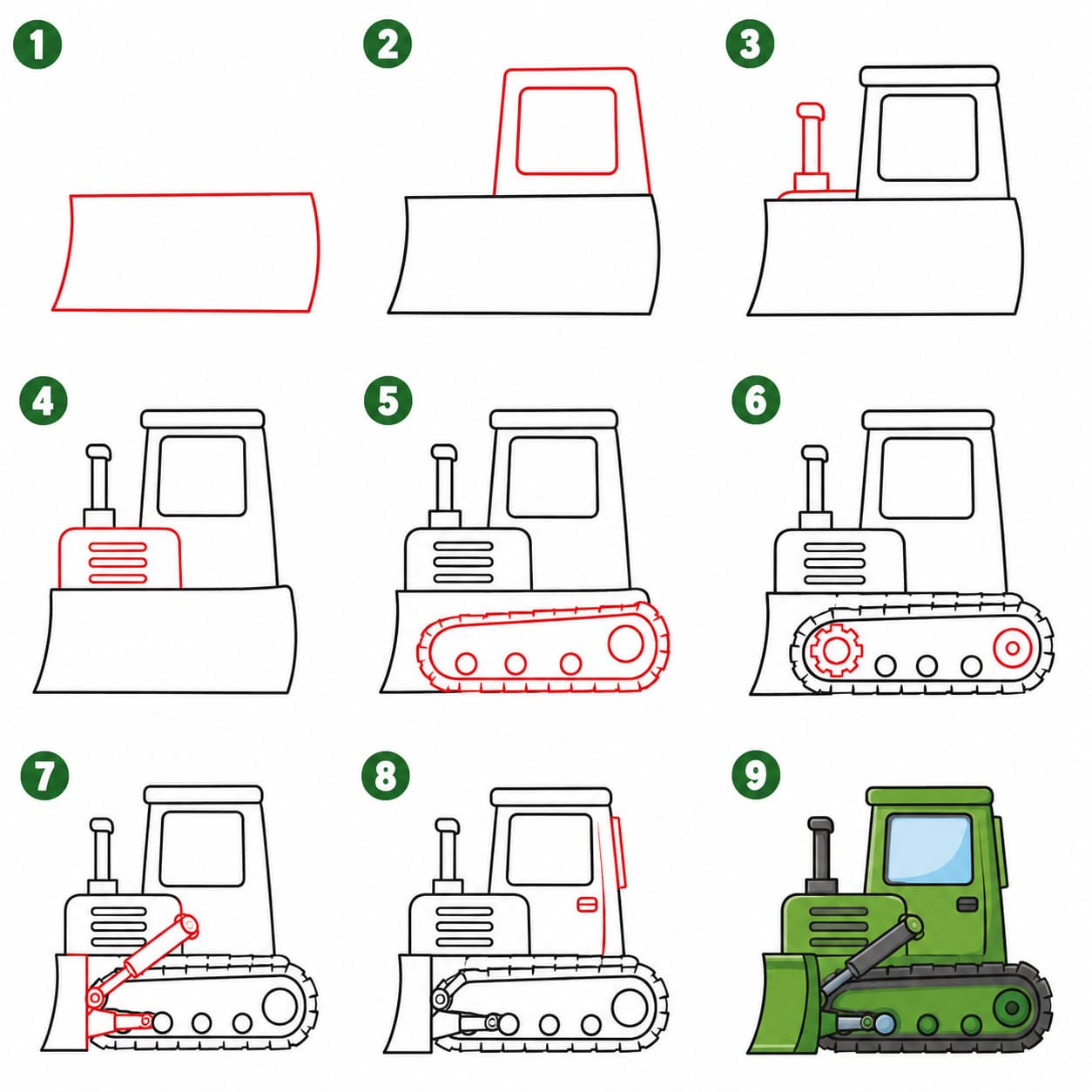 Vue latérale d'un bulldozer vert dessin