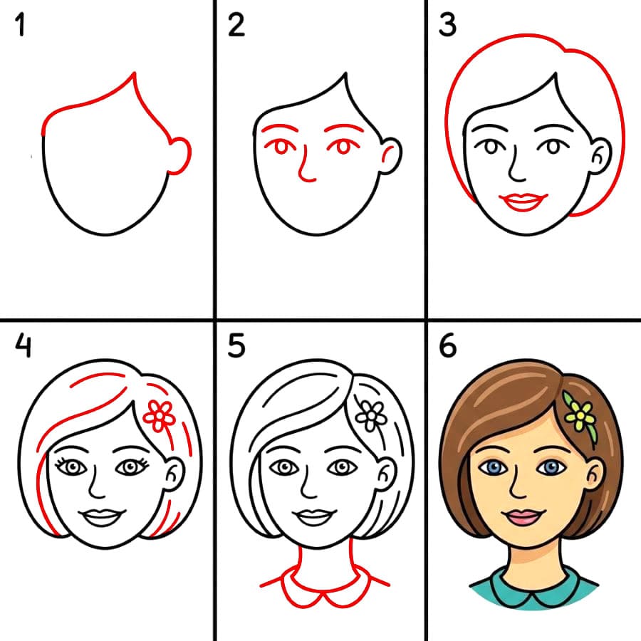 Visage de femme aux cheveux courts dessin