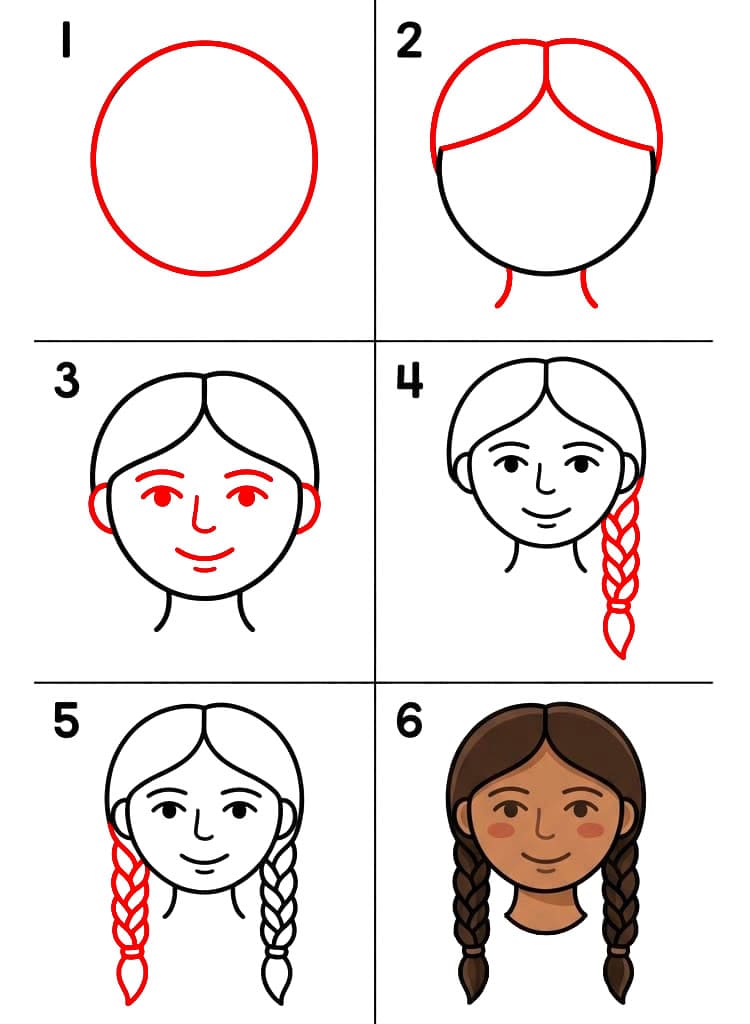 Visage de femme avec deux tresses dessin