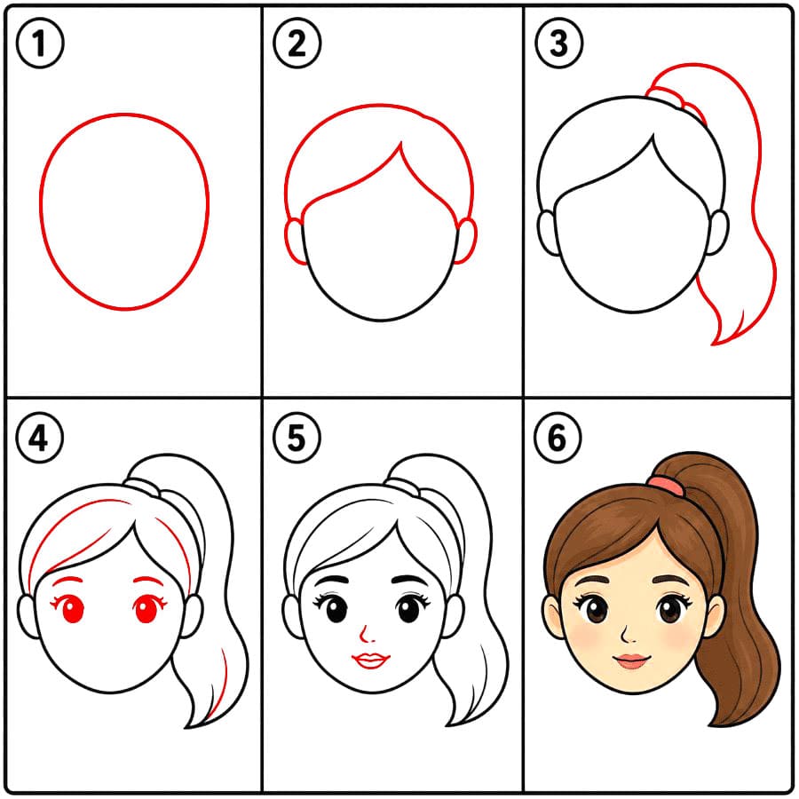 Visage de femme avec une queue de cheval dessin