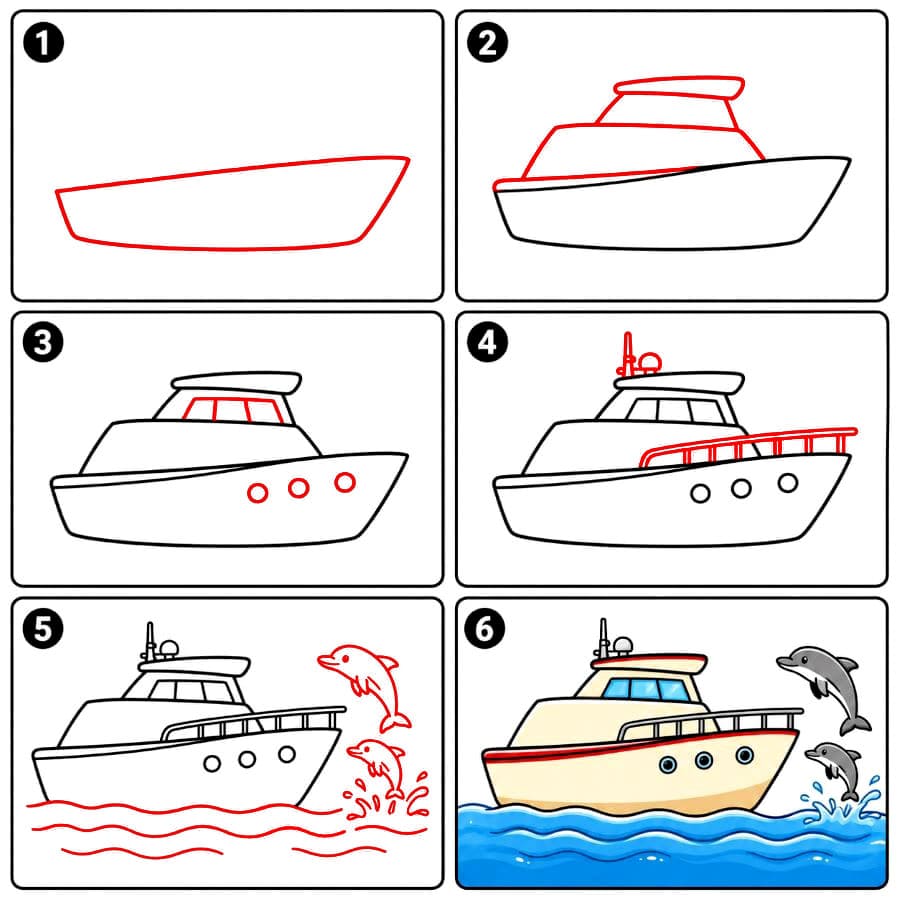 Yacht et dauphins dessin