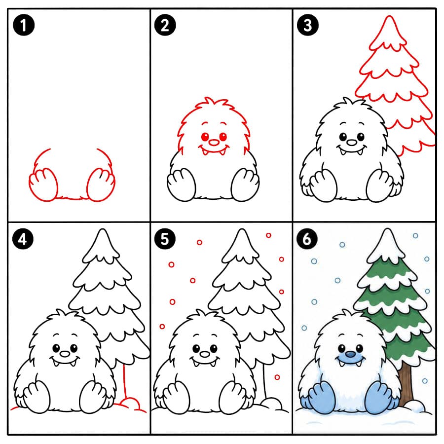 Yéti avec un sapin enneigé dessin