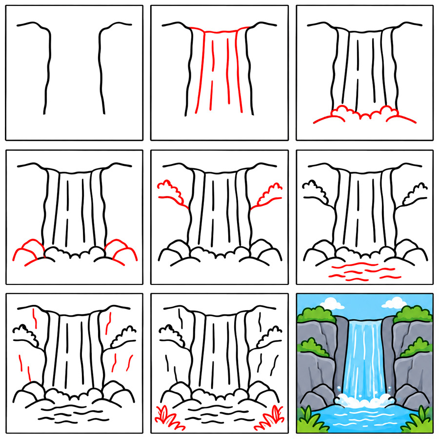 Cascade dans la jungle dessin