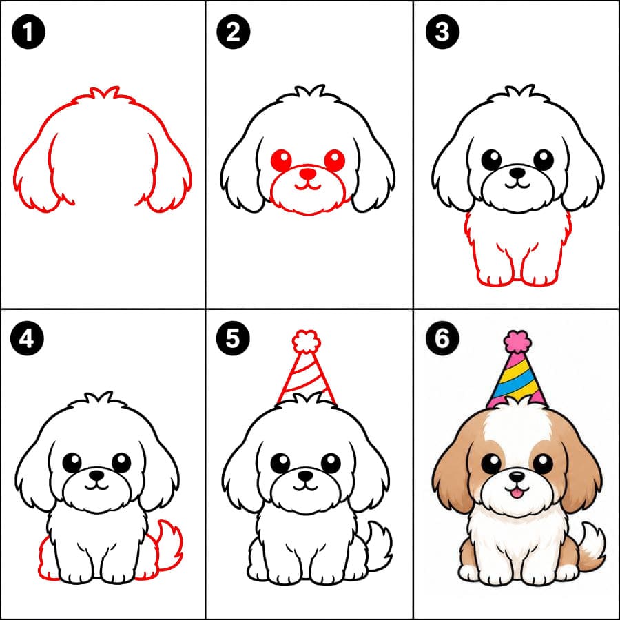 Shih Tzu avec un chapeau d'anniversaire dessin