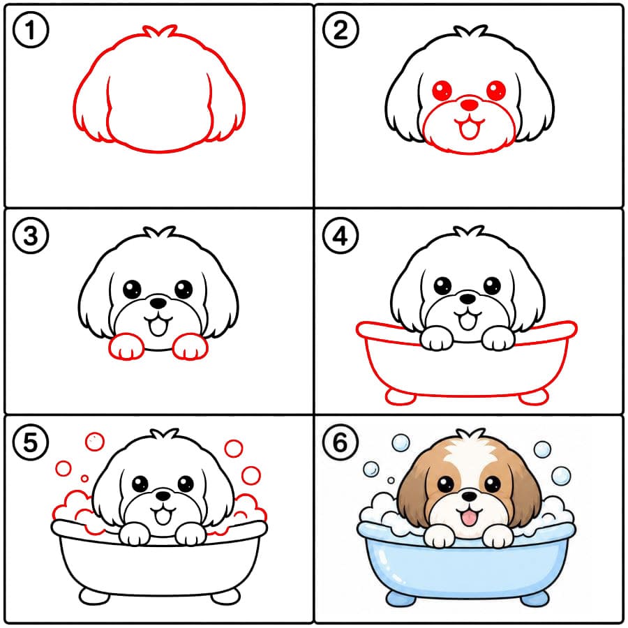 Shih Tzu dans la baignoire dessin